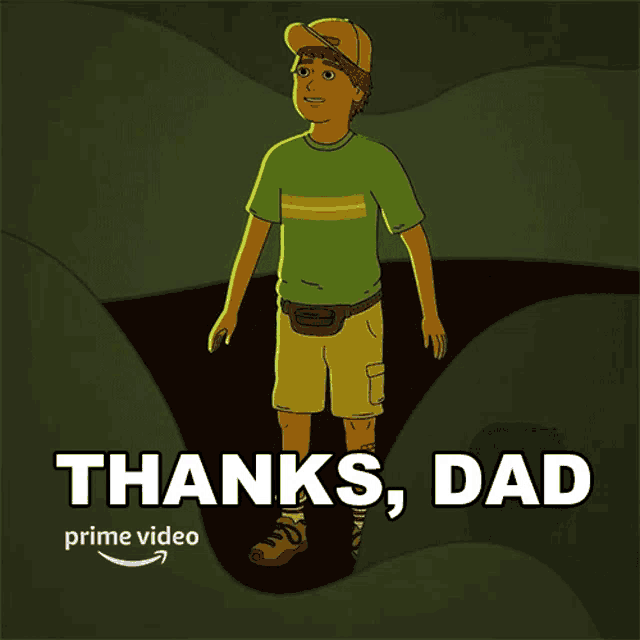 a cartoon of a boy with the words " thanks dad " on it
