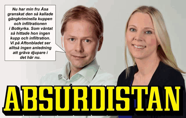 a man and a woman standing next to each other with the word absurdistan written in yellow