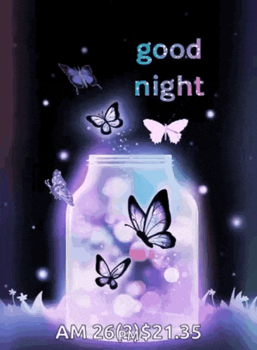 a purple background with butterflies and the words good night