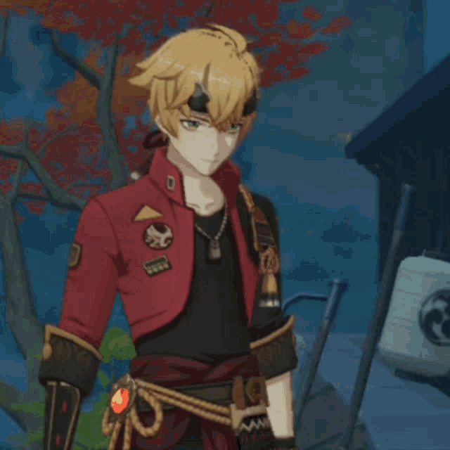 a man in a red jacket and black gloves stands in front of some lanterns
