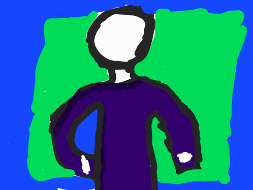 a drawing of a person with a purple shirt and a green background