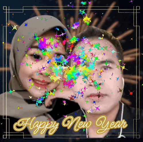 a happy new year card with a picture of a man and woman