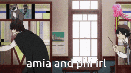 a cartoon of a man and a raccoon with the words amia and phi irl