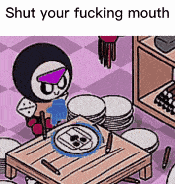 a cartoon character is sitting at a table with plates and knives and says shut your fucking mouth