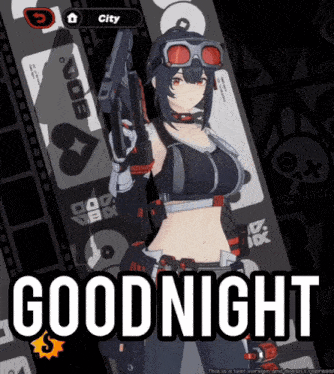 a girl with a gun says good night on a poster