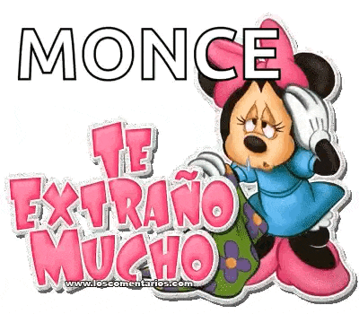 a cartoon of minnie mouse with the words `` te extraño mucho '' written on it .
