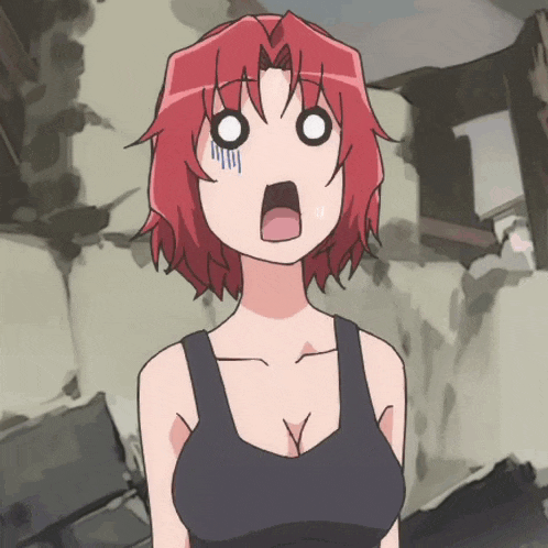 a cartoon girl with red hair and a black tank top has a surprised look on her face