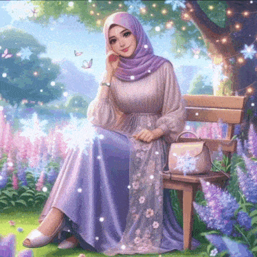 a woman in a purple dress is sitting on a bench in a garden
