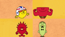 a collage of four cartoon characters including mr men