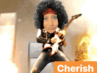 a cartoon of a woman playing a guitar with the word cherish in the corner