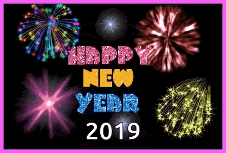 a happy new year greeting card with fireworks and the words `` happy new year '' .