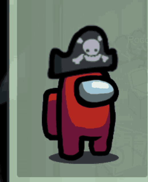 among us character wearing a pirate hat with skulls and crossbones on it