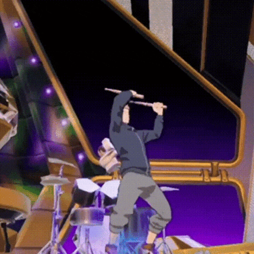 a cartoon of a man playing the drums with a purple background