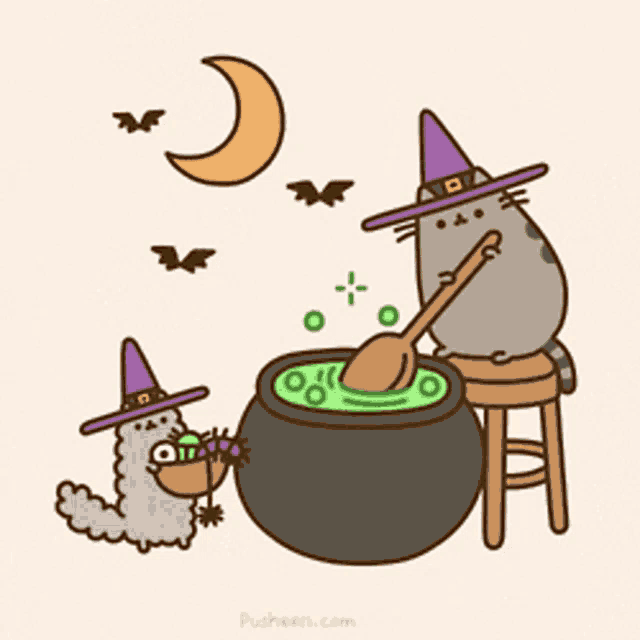 a cat in a witch hat stirs a cauldron