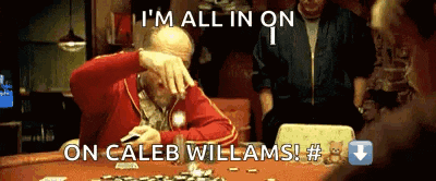 a man in a red jacket is playing poker and says i 'm all in on caleb williams #