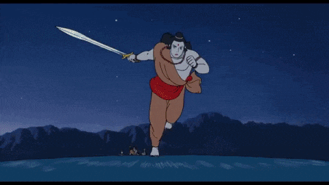 a cartoon of a man with a red dot on his forehead holding a sword