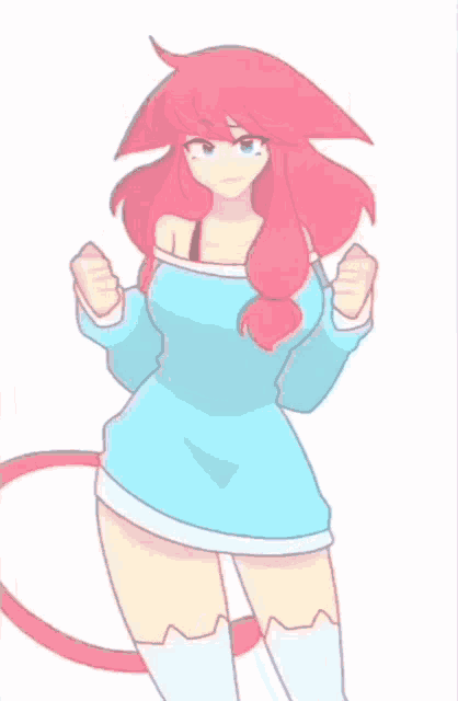 a girl with pink hair and blue eyes is wearing a blue sweater