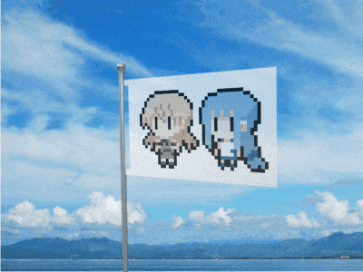 a pixel art drawing of a boy and a girl with the letter r on it