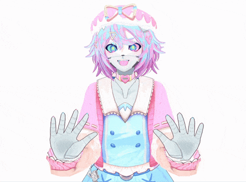 a drawing of a girl in a pink and blue outfit with her hands outstretched