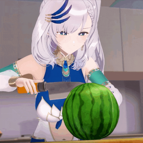 an anime girl is cutting a watermelon with a large knife