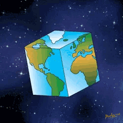 a cartoon drawing of a cube shaped earth with the letters a and b on it