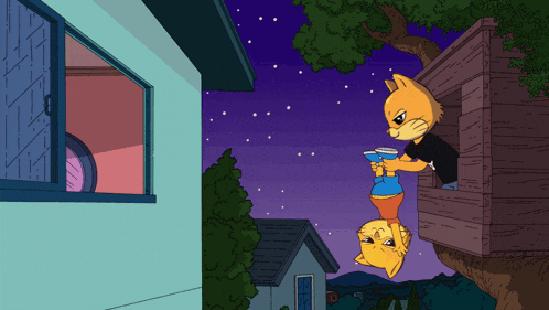 a cartoon drawing of two cats in a tree house at night