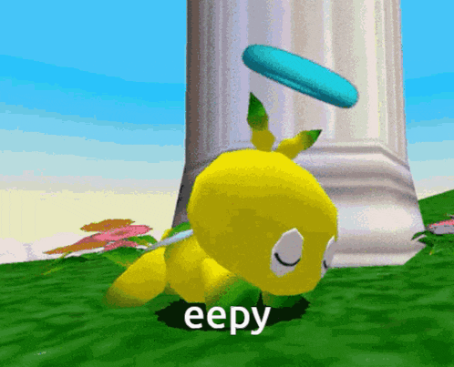 a yellow cartoon character with the word eepy on the ground