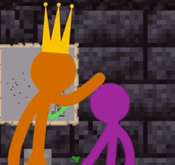 an orange stick figure with a crown is standing next to a purple stick figure with a green heart .