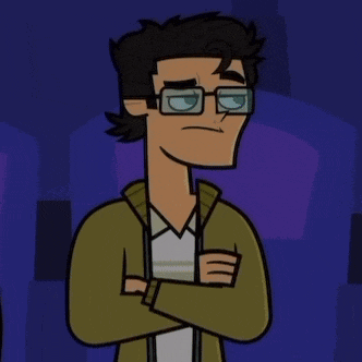 a cartoon man with glasses is standing with his arms crossed