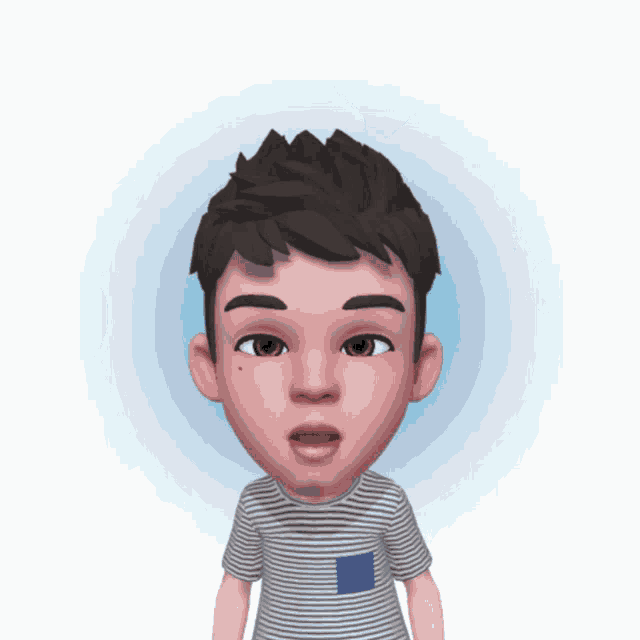 a boy with a surprised look on his face is wearing a striped shirt