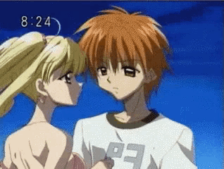 a boy and a girl are standing next to each other with the time 8:24 on the bottom