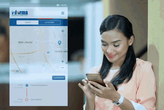 a woman is looking at her phone while a screen shows a map of west jakarta