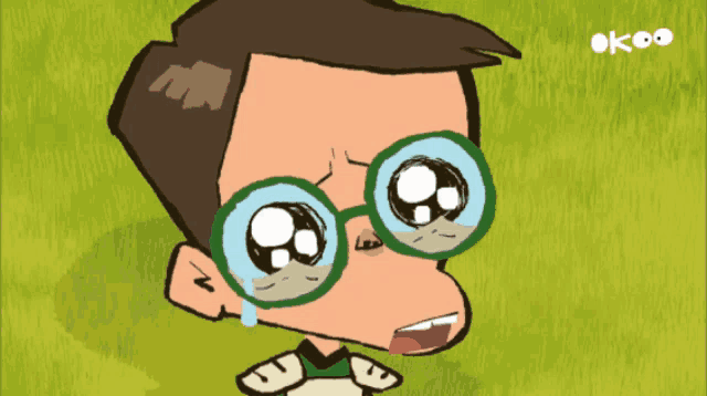 a cartoon drawing of a boy wearing glasses with the word okeo on the bottom right