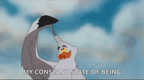 a cartoon seagull is holding a rope in its beak and says `` my constant state of being '' .