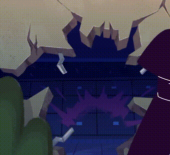 a cartoon of a person standing in front of a wall with a purple explosion coming out of it