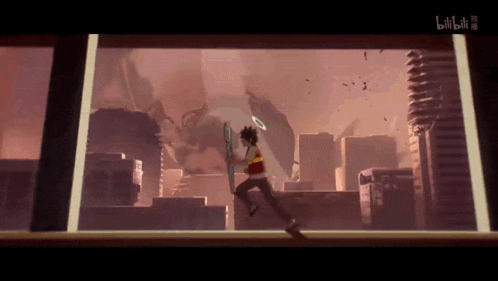 a cartoon of a man running with a shield in front of a window with bilibili in the corner