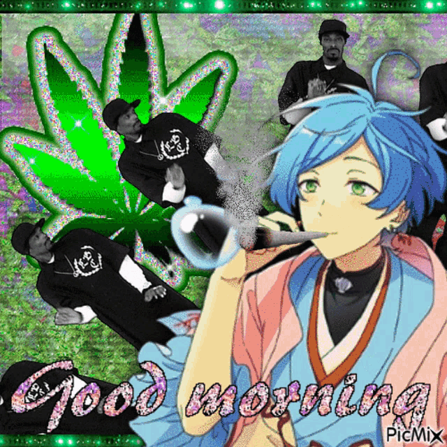 a picture of a girl smoking a cigarette with the words good morning on it