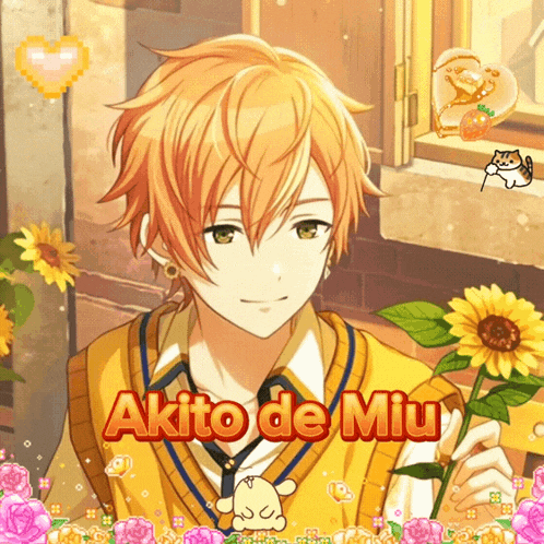 an anime character named akito de miu holding a sunflower
