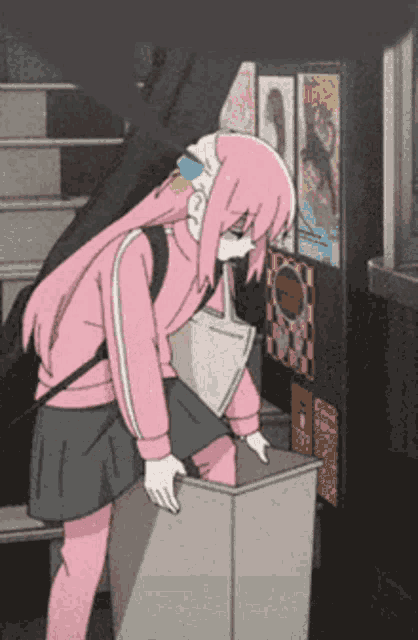 a girl with pink hair is standing next to a trashcan