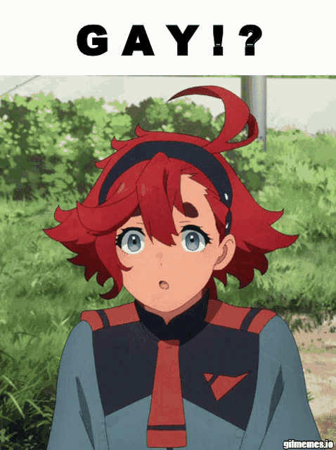 a girl with red hair is standing in front of a sign that says gay !?