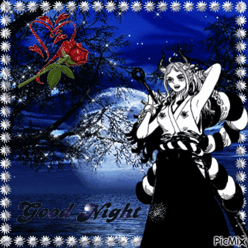 a picture of a woman with horns and a rose with the words good night on it