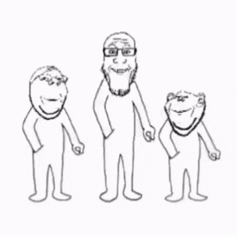 three cartoon characters are standing next to each other and pointing at each other .