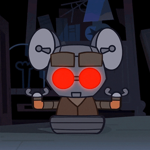 a cartoon drawing of a robot with red eyes and a pair of glasses