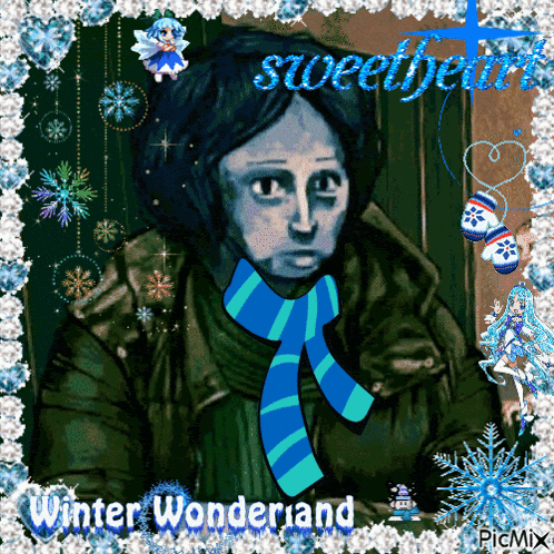 a picture of a man with a scarf around his neck with the words winter wonderland on it
