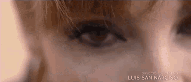 a close up of a woman 's eyes with the name luis san narciso on the bottom right .