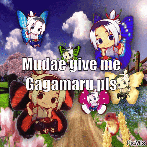 a picture of a girl with butterflies says mudae give me gagamaru pls