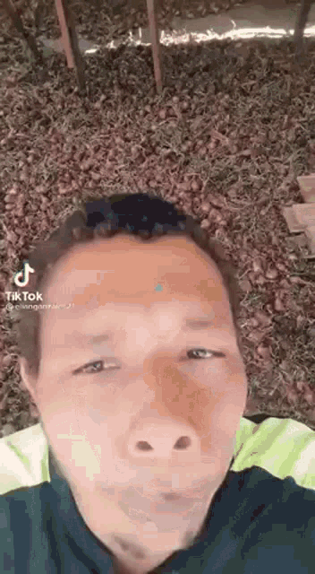 a man is making a funny face in front of a pile of leaves .