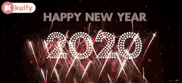 a happy new year greeting card with fireworks and the year 2020