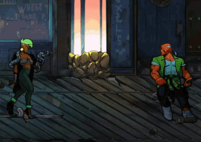a video game shows a man and a woman fighting in front of a sign that says ' x-tl '