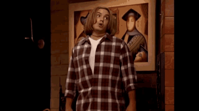 a man in a plaid shirt stands in front of a painting